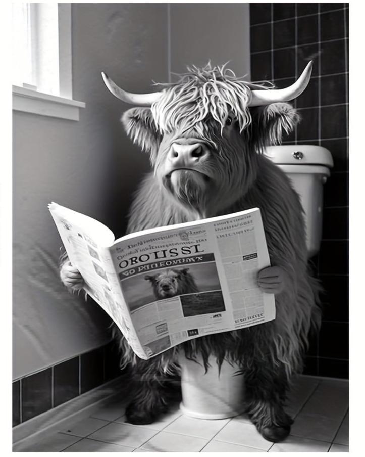 Highland Cow | Lezende Koe Op Toilet | Humoristische Muurdecoratie | Posters | Vrolijke Dieren | Boerderij Stijl