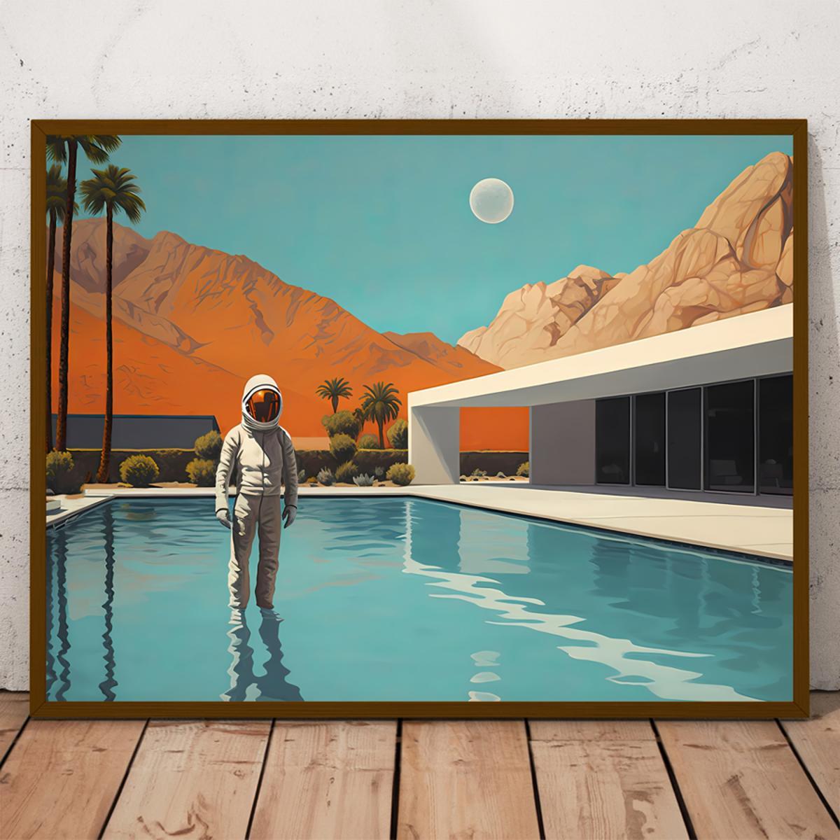 Vintage Abstract Pool Mansion | Astronaut Thema Poster | Moderne Muurdecoratie | Unieke Wanddecoratie | Ruimteverkenning Kunst