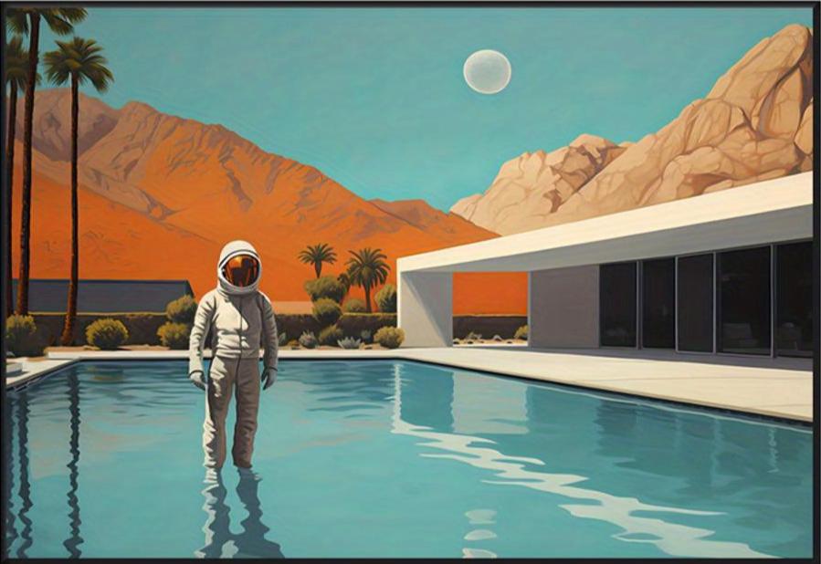 Vintage Abstract Pool Mansion | Astronaut Thema Poster | Moderne Muurdecoratie | Unieke Wanddecoratie | Ruimteverkenning Kunst