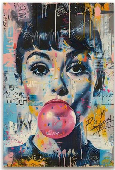 Bubble Gum Blowing Woman | Pop Art Muurdecoratie | Kleurrijke Posters | Wanddecoratie Kunst
