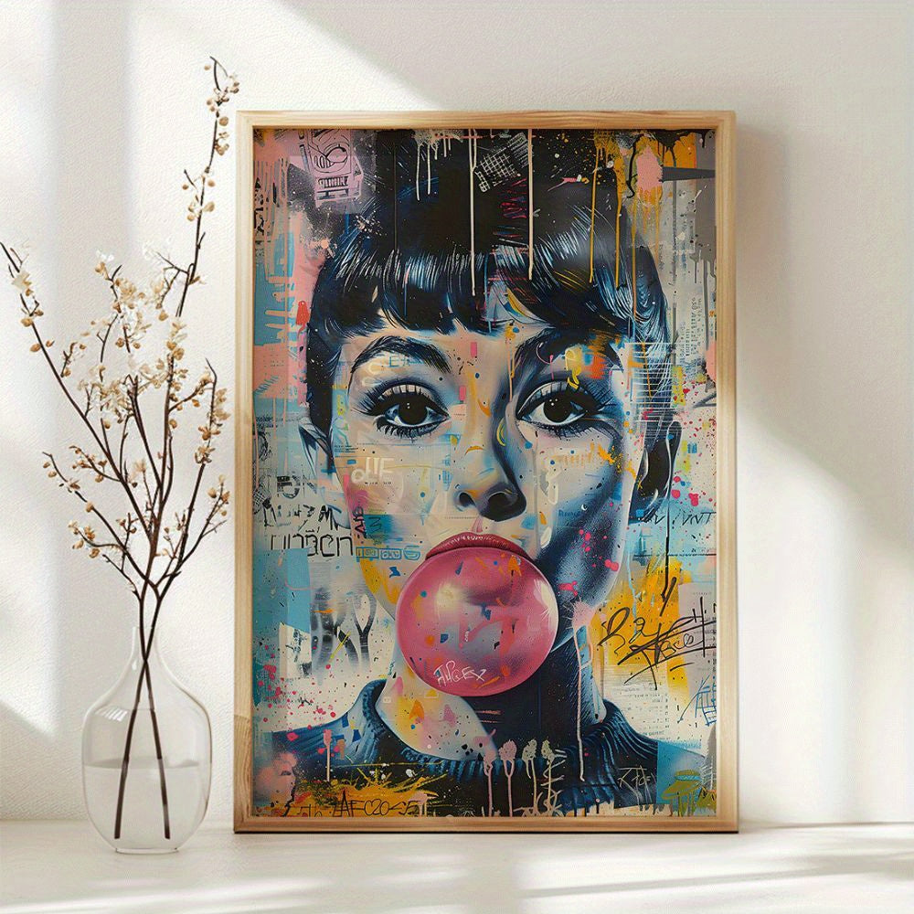 Bubble Gum Blowing Woman | Pop Art Muurdecoratie | Kleurrijke Posters | Wanddecoratie Kunst
