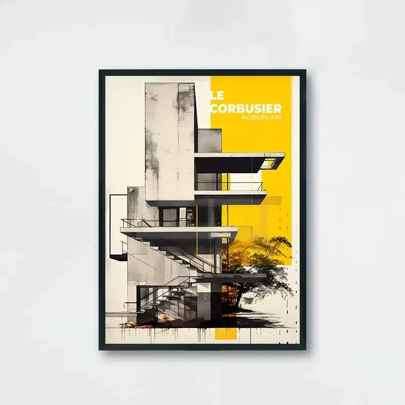Le Corbusier-Inspired Modern Art Poster | Muurdecoratie | Bold Yellow Abstract Architecture | Wanddecoratie voor thuis of kantoor | Posters voor moderne inrichting