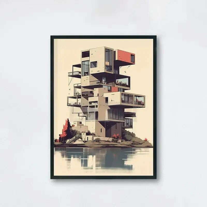 Lakeside Modern Architecture | Moderne Architectuur Muurdecoratie | Minimalistische Landschap Wanddecoratie | Posters