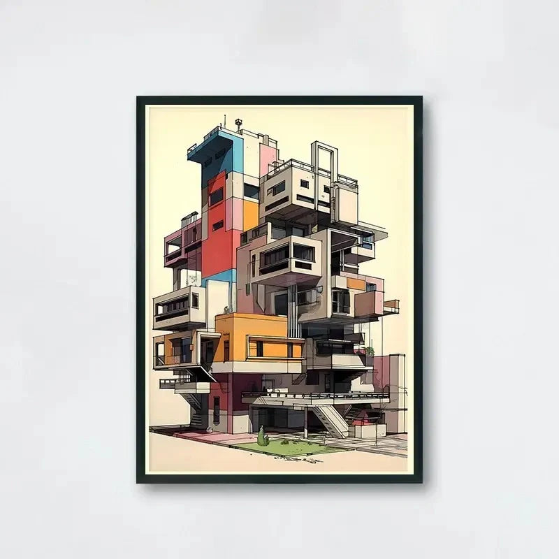 Stacked Modernist Apartments Poster | Kleurrijke Muurdecoratie | Urban Architecture | Wanddecoratie