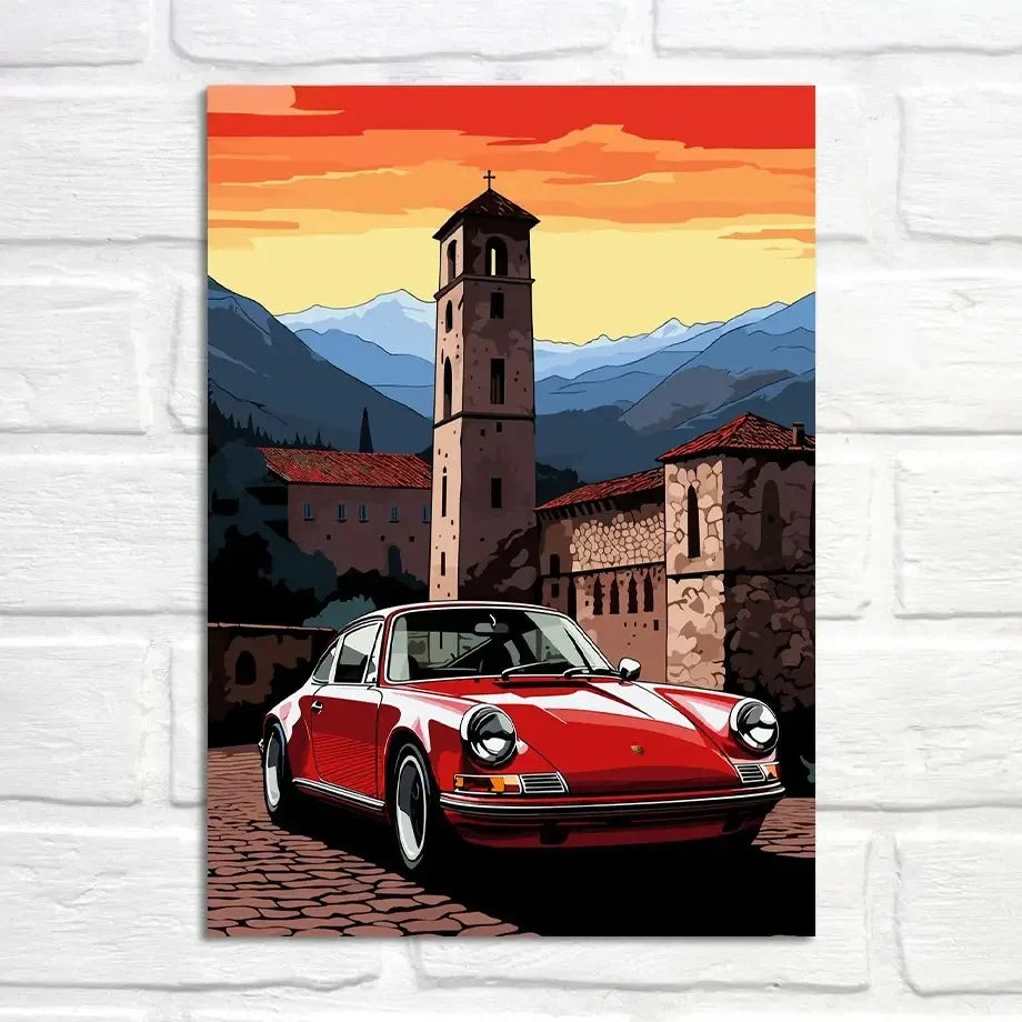 Porsche 911 Poster | Sunset Over Tuscan Villages | Mediterrane Wanddecoratie Muurdecoratie | Porsche Kunst Schilderijen