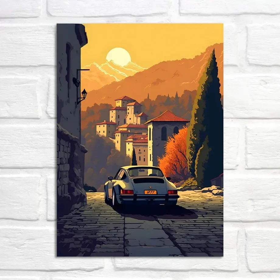 Autumnal Twilight in Tuscany | Porsche 911 Muurdecoratie | Wanddecoratie | Posters Kunst Autoliefhebber