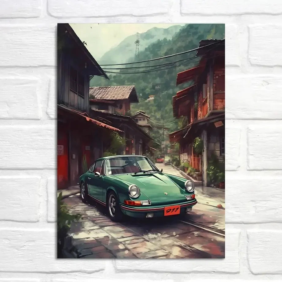 Porsche 911 Poster | Nostalgic Routes Muurdecoratie | Old Town Road in the Mountains Kunst | Historic Exploration Wanddecoratie