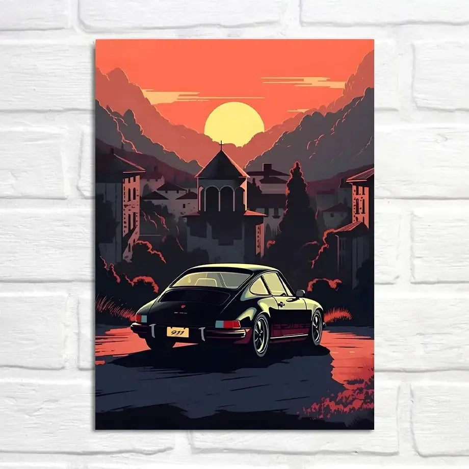 Porsche 911 | Poster Muurdecoratie | Golden Hour Scene | Village Sunset | Iconische Auto Kunst | Wanddecoratie
