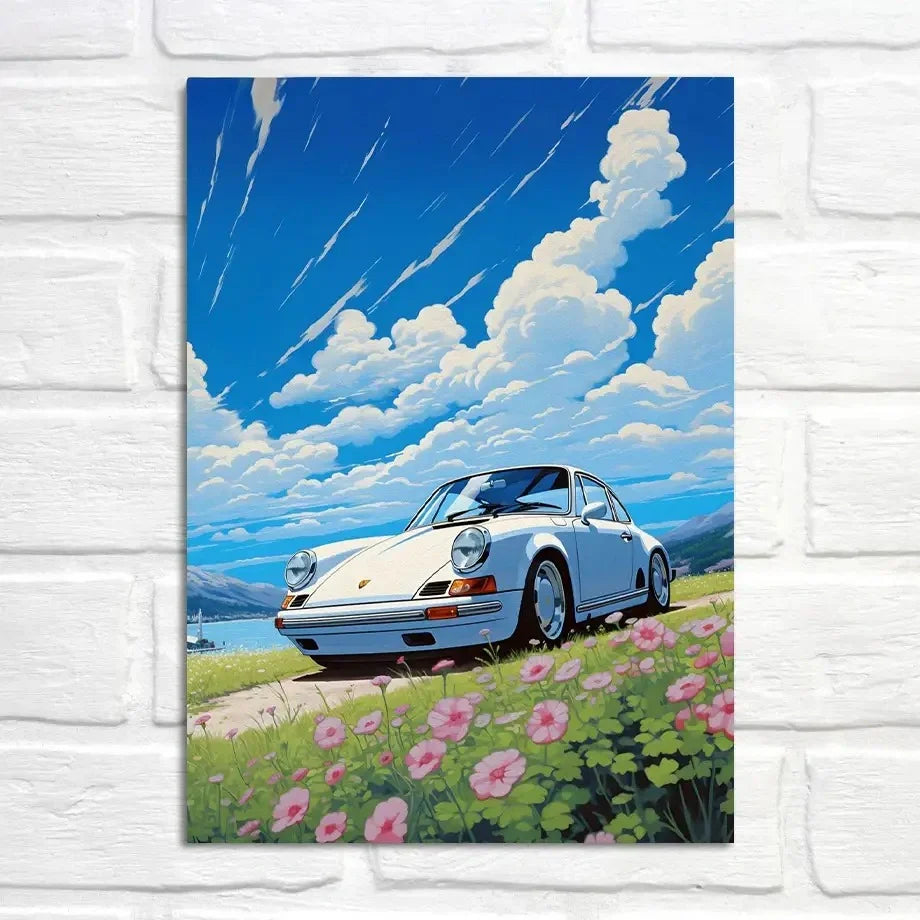 Skyward Journey Under Blue Streaks Poster | Muurdecoratie Porsche 911 | Wanddecoratie Alpen vlucht kunst | Exploring Porsche Horizons Schilderij
