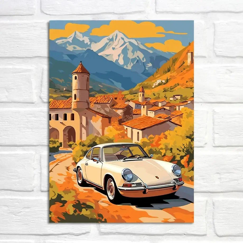 Porsche 911 Poster | Autumn Rustic Charm | Muurdecoratie Vintage Village Scene | Wanddecoratie Kunst