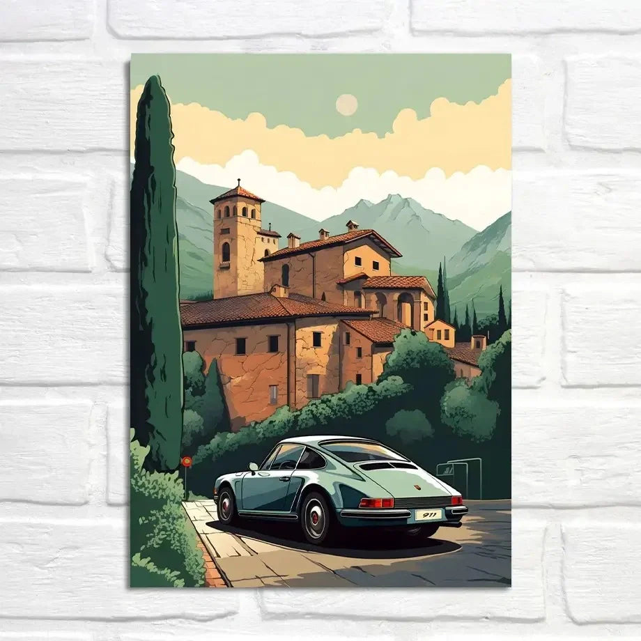 Porsche 911 Poster | Serene Twilight at Old Monastery | Automobiel Kunst | Historische Muurdecoratie