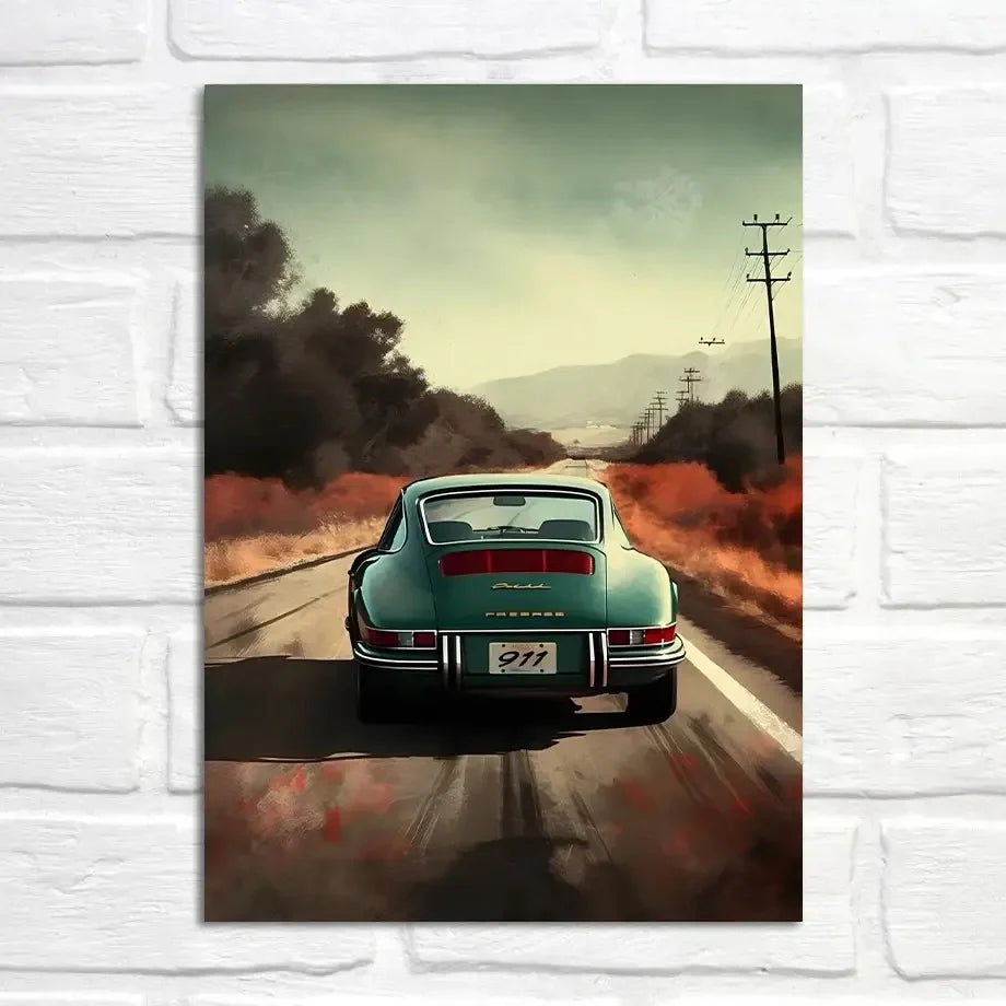 Fiery Sunset Highway Drive Poster | Porsche 911 | Dramatisch Woestijnlandschap | Muurdecoratie Kunst
