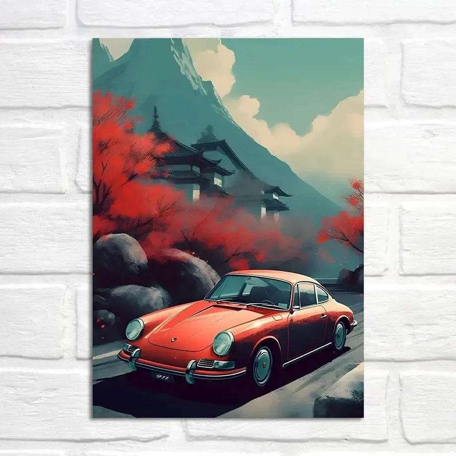 Porsche 911 Poster | Zen Tranquility at Red Shrine | Muurdecoratie Wanddecoratie | Culturele Posters Schilderijen