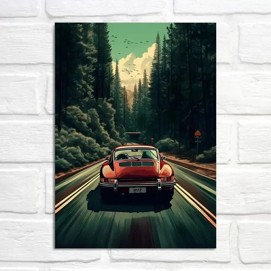 Porsche 911 Poster | Racing Adventure Through Misty Redwoods | Wanddecoratie | Muurdecoratie | Posters | Mystieke Reis | Schilderijen
