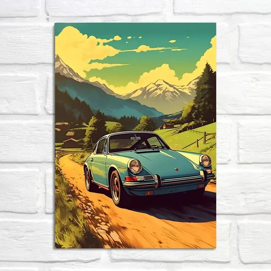 Porsche 911 Poster | Sunny Drive | Muurdecoratie | Wanddecoratie | Alpine Meadows Adventure | Majestic Mountain Landscape | Posters