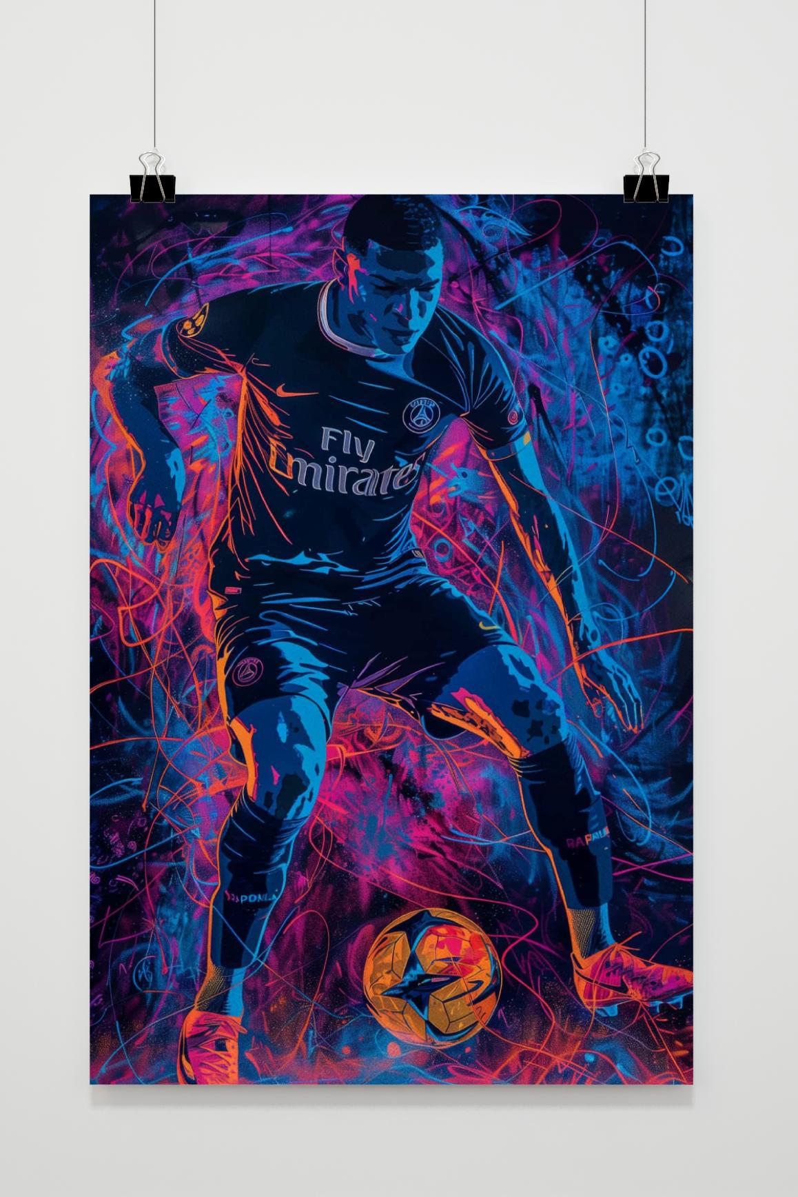 Kylian Mbappe Poster | Neon Design | Muurdecoratie Voetbalster | Moderne Wanddecoratie Kunst