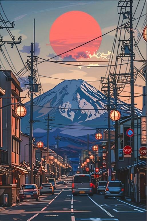 Vibrant Sunset at Mount Fuji | Urban Streets of Japan | Wanddecoratie | Muurdecoratie | Thuis Kunst