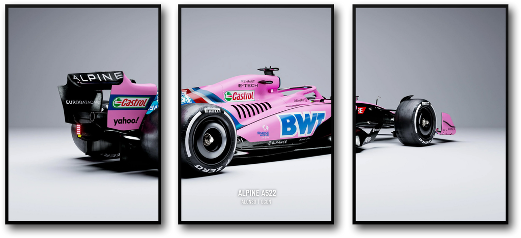 Alpine F1 Racewagenposter | 3-delige wanddecoratie | Formule 1-race | Driedelige motorsportprint