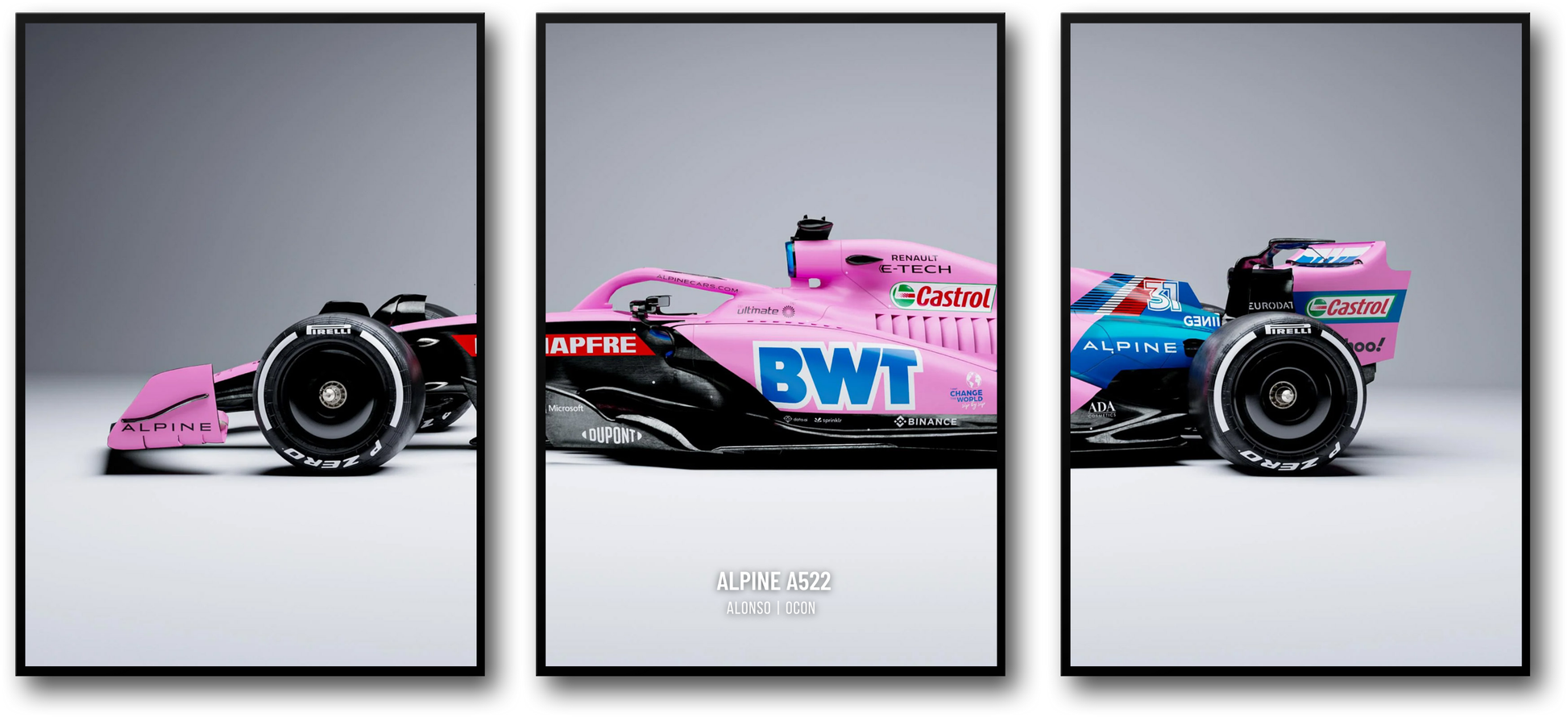 3-delige wanddecoratie | Formule 1-racewagenposter | Alpine F1-team | Hoogwaardige print | Woondecoratie