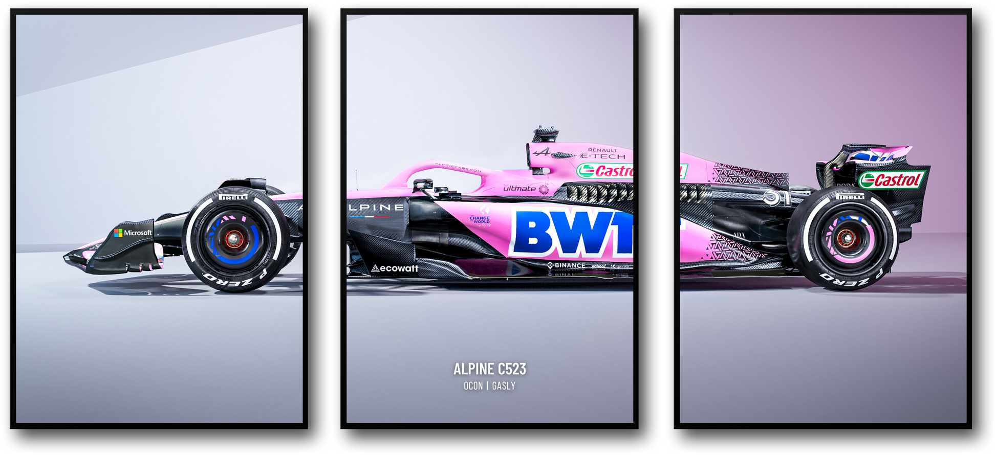 Alpine F1 Team | Driedelige Formule 1-racewagenposter | 3-delige wanddecoratie | Motorsportdecoratie