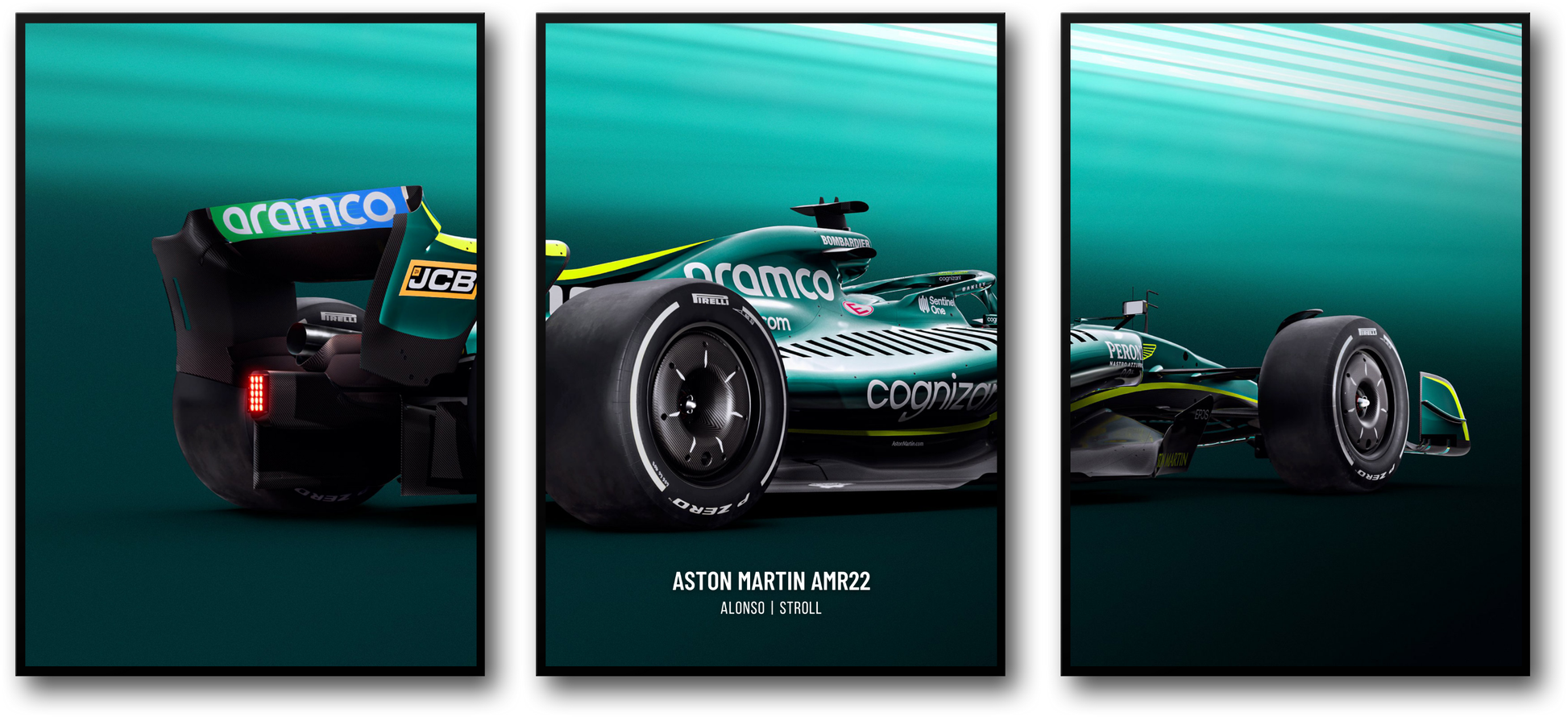 Formule 1-auto | Aston Martin F1-team | Wandkunst in 3 delen | Poster met drie panelen | Sportwagendecoratie