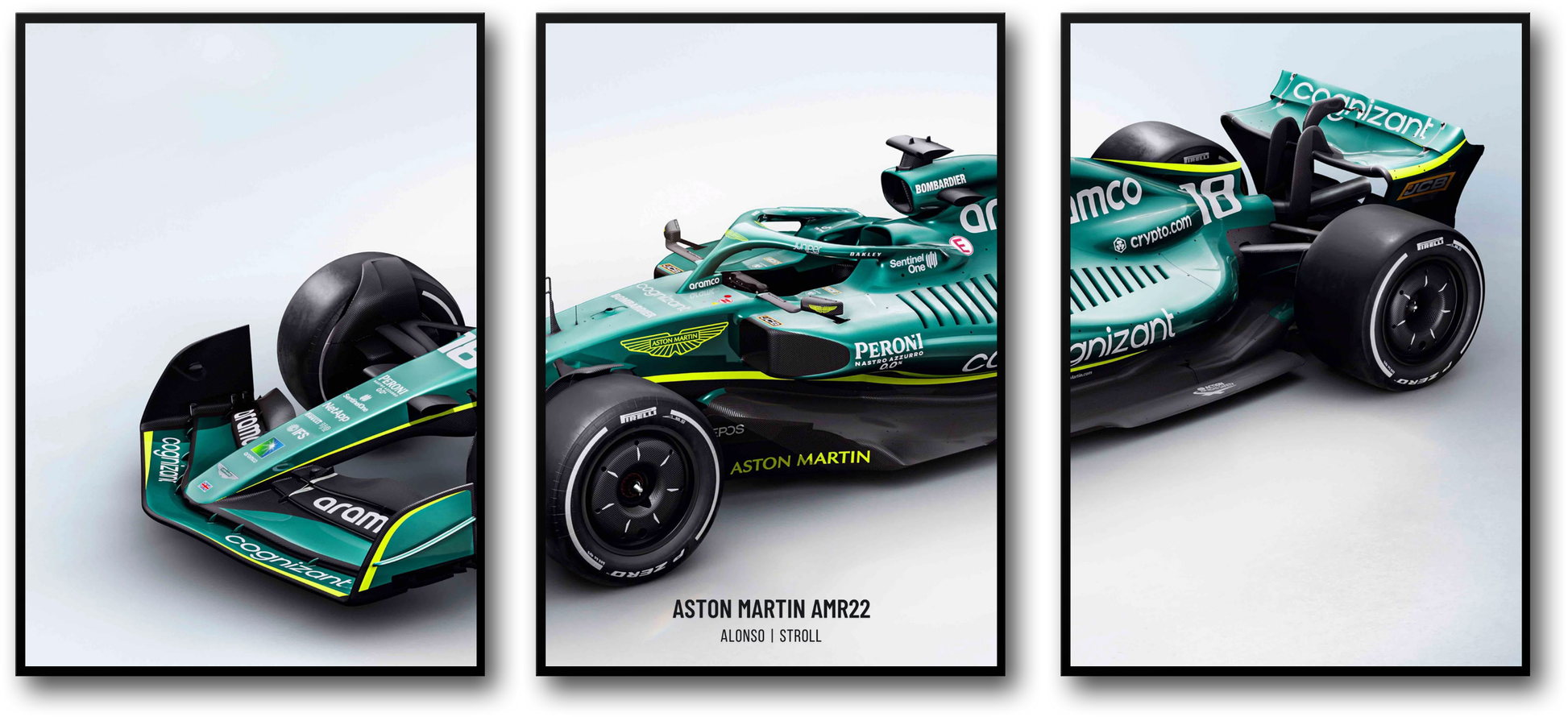 Formule 1-autoposter | Wanddecoratie met drie panelen | Aston Martin F1-racethema | Set van 3 stuks
