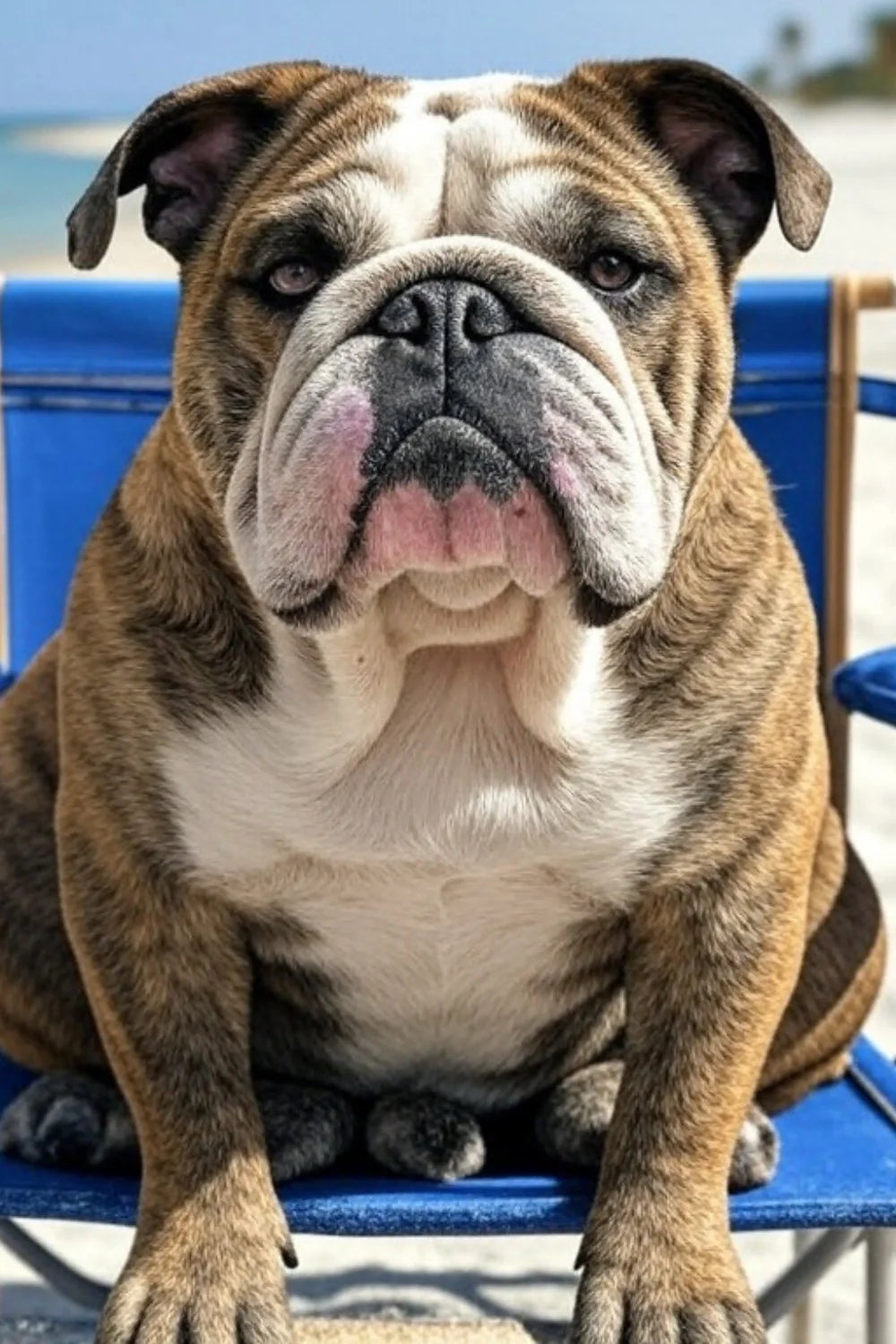 Charming Beach Day Bulldog | Muurdecoratie | Relaxed Bulldog in Blauwe Stoel op Strand | Posters | Wanddecoratie | Perfect voor Dierenliefhebbers
