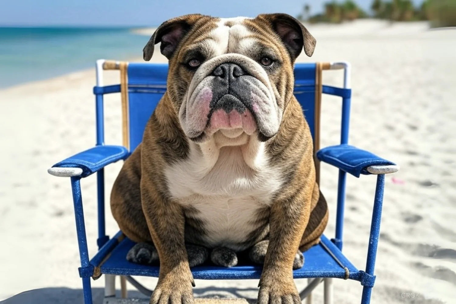 Charming Beach Day Bulldog Poster | Muurdecoratie Bulldog aan Zandstrand | Wanddecoratie voor Dierenliefhebbers