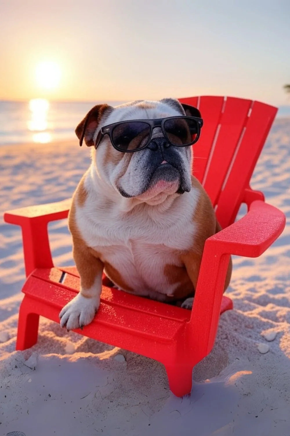 Sunset Beach Bulldog Poster | Muurdecoratie Hond in Rode Stoel met Zonnebril | Kleurrijke Wanddecoratie