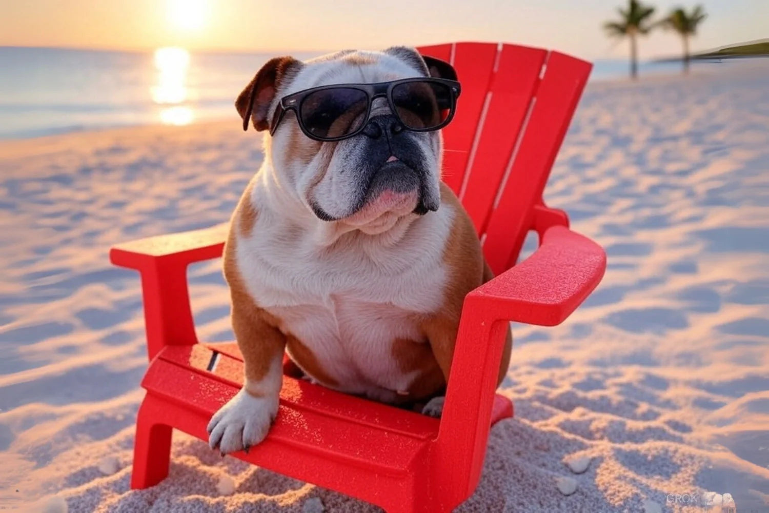 Sunset Beach Bulldog | Engelse Bulldog in Rode Stoel | Muurdecoratie | Posters & Schilderijen | Woonkamer Wanddecoratie