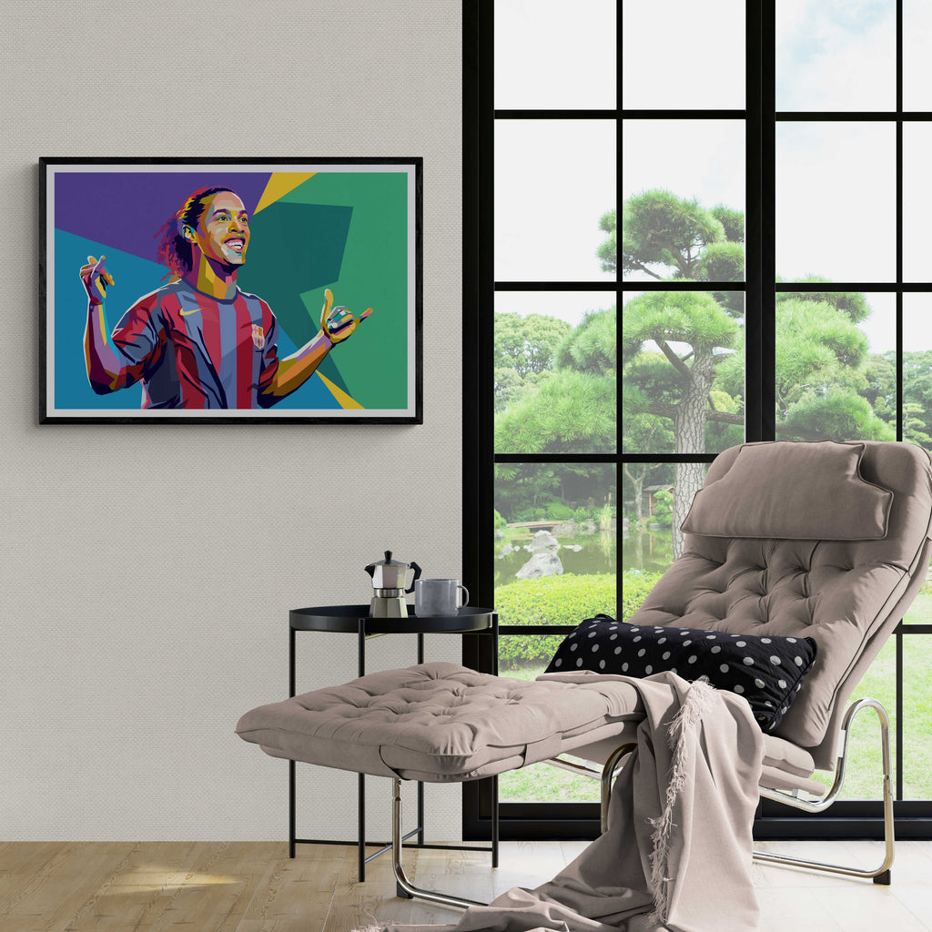 Ronaldinho Pop Art Poster | Kleurrijke Muurdecoratie Voetbal Legende | Posters Schilderijen Wanddecoratie