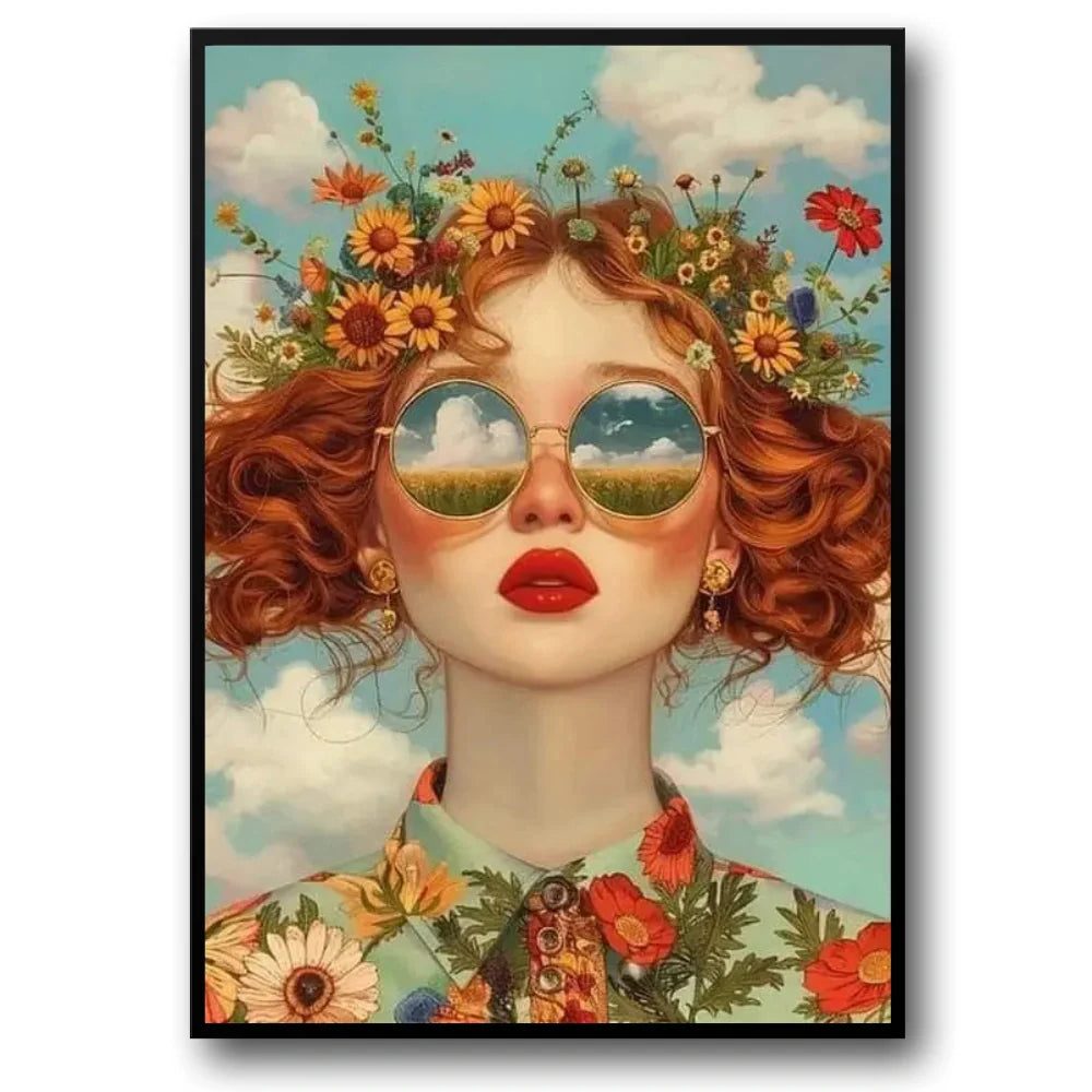 Floral Girl Poster | Sunset Meadow Vision | Muurdecoratie | Wanddecoratie | Posters Vrouw met bloemenkroon en zonsondergangreflectie | Schilderijen | Canvas kunst