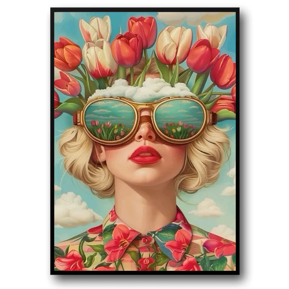Floral Girl Poster | Tulip Crown Muurdecoratie | Serene Sky Reflection Wanddecoratie | Sunglasses Art