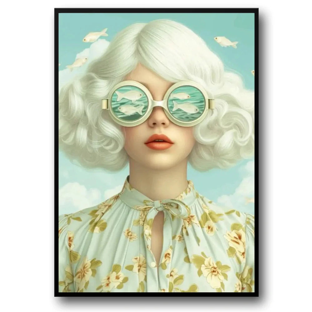Floral Girl | Botanische Muurdecoratie | Posters | Zonnebril Vrouw Omringd door Heldere Bloemen