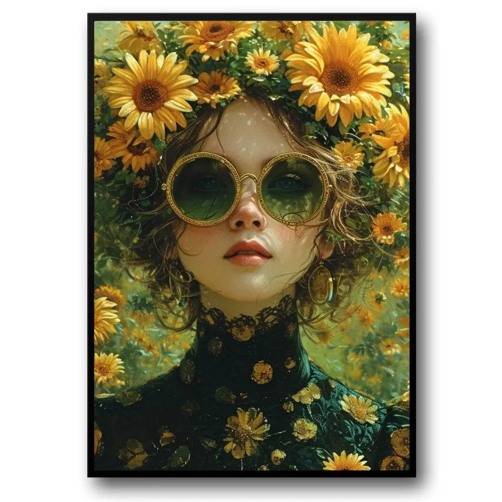 Floral Girl Poster | Wanddecoratie | Lush Sunflower Enveloped Artwork | Muurdecoratie | Schilderij