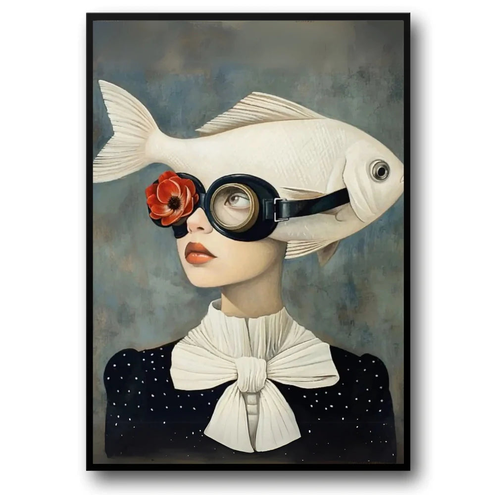 Floral Girl | Muurdecoratie Surreal Celestial Aquaview | Vrouw met Vis Hoofd & Vintage Duikmasker | Kleurvolle Wanddecoratie Print