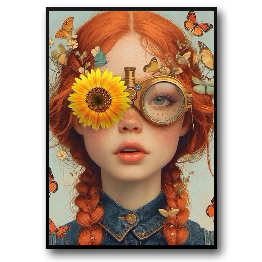 Butterfly Gaze Muurdecoratie | Sunflower Adorned Young Girl | Steampunk Lens Effect | Wanddecoratie