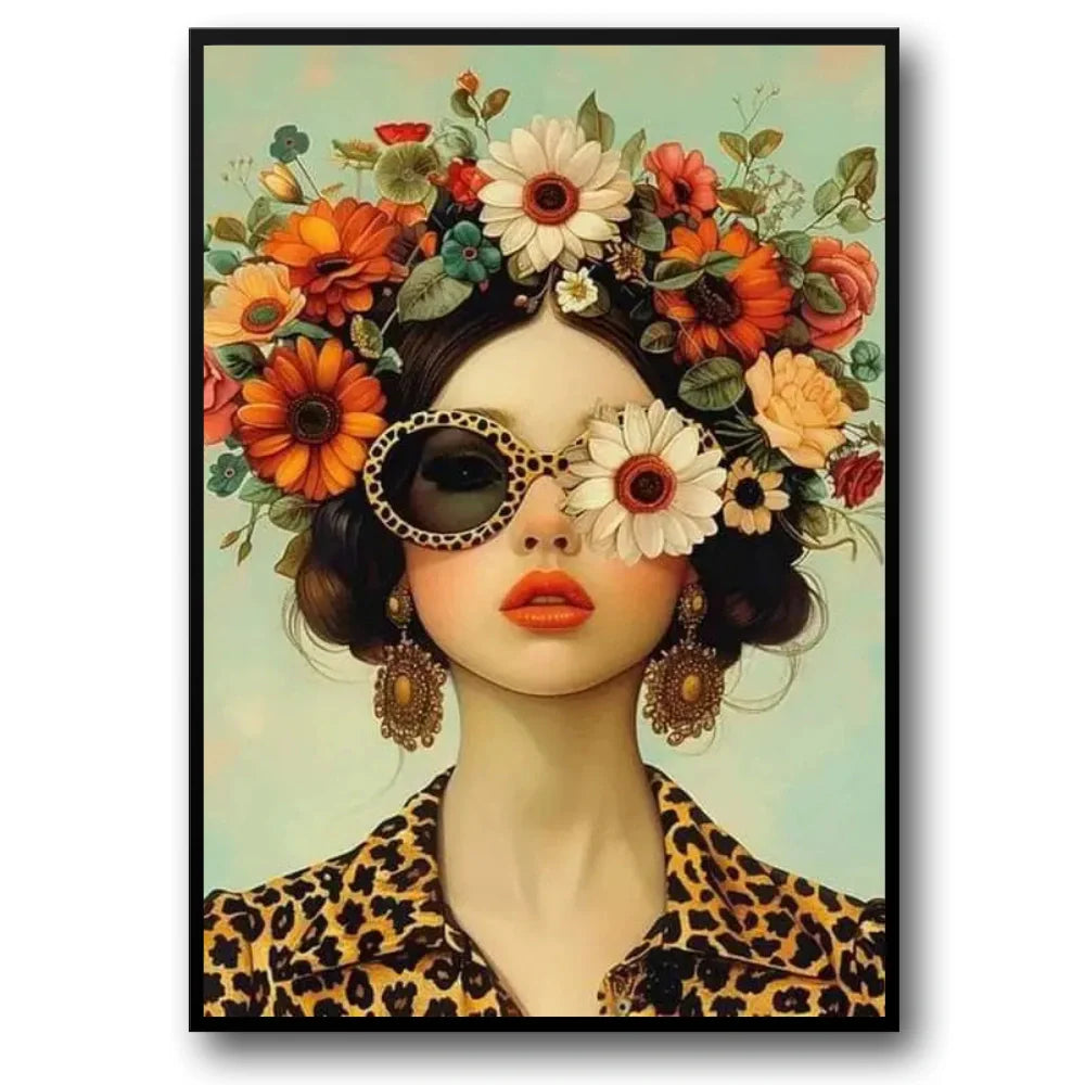 Floral Girl Poster | Chic Zonnebril en Bloemige Kroon | Levendige Bloemen Pracht | Muurdecoratie Wanddecoratie