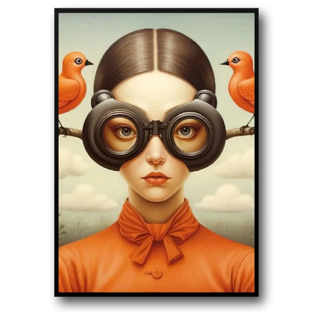 Floral Girl Poster | Birdwatcher's Solitude | Aarde Tint Muurdecoratie | Wanddecoratie Vrouw Met Vogelbril | Avian Leven Schilderijen | Rustige Contemplatie Canvas Kunst