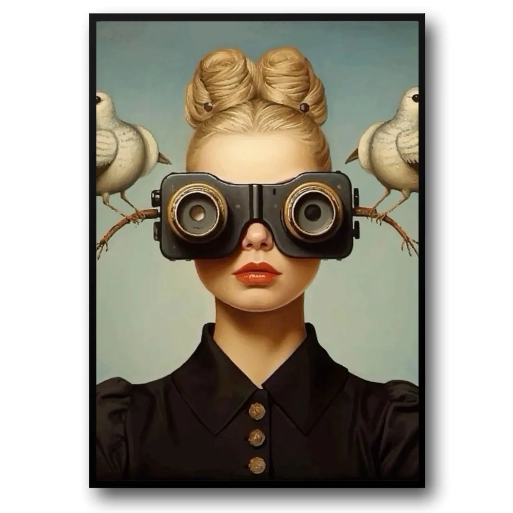Floral Girl Posters | Avian Observer Design | Muurdecoratie met vrouw en verrekijker | Duiven op takken