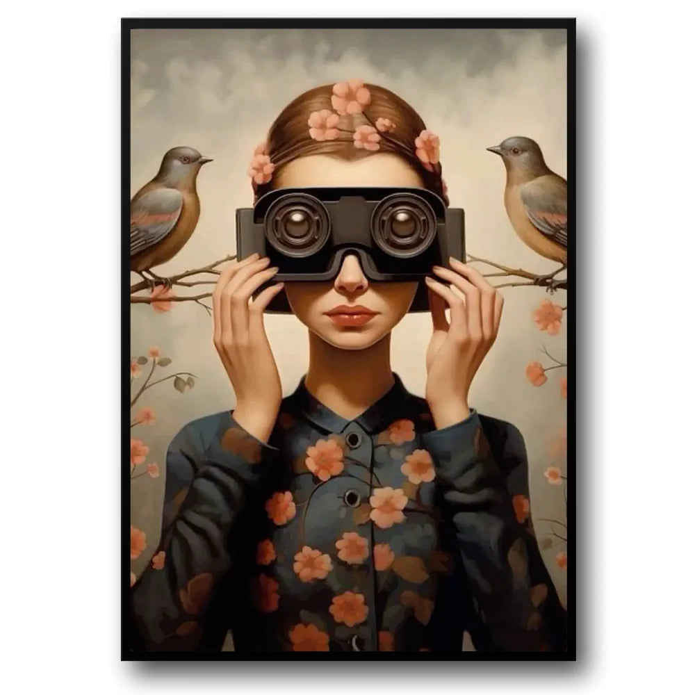 Floral Girl Poster | Muurdecoratie | Vrouw in Grote Bril | Lente Bloesem Achtergrond | Wanddecoratie