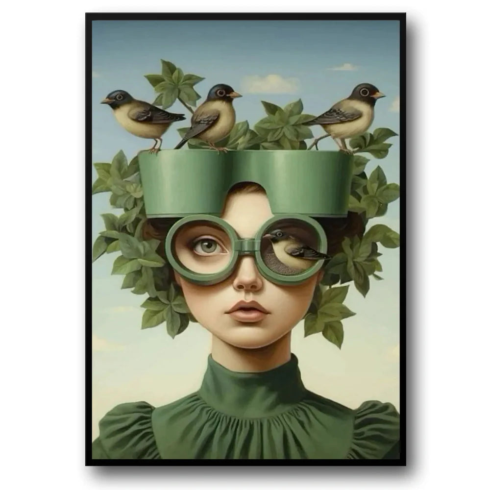 Floral Girl Muurdecoratie | Greenhouse Gaze Poster | Botanische Hoed & Vogels | Groene Wanddecoratie | Natuur & Sereniteit