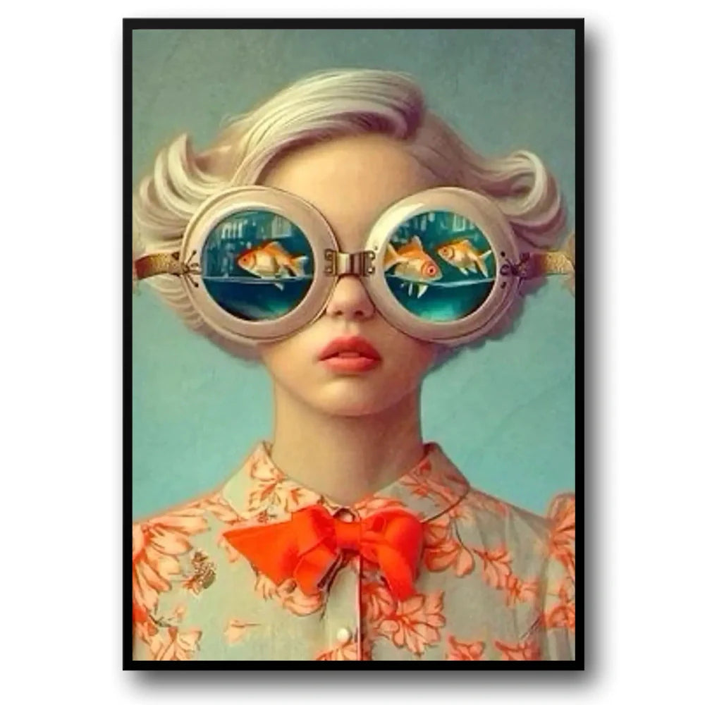 Floral Girl Poster | Muurdecoratie vrouw met vissen | Unieke wanddecoratie serene aqua kunst