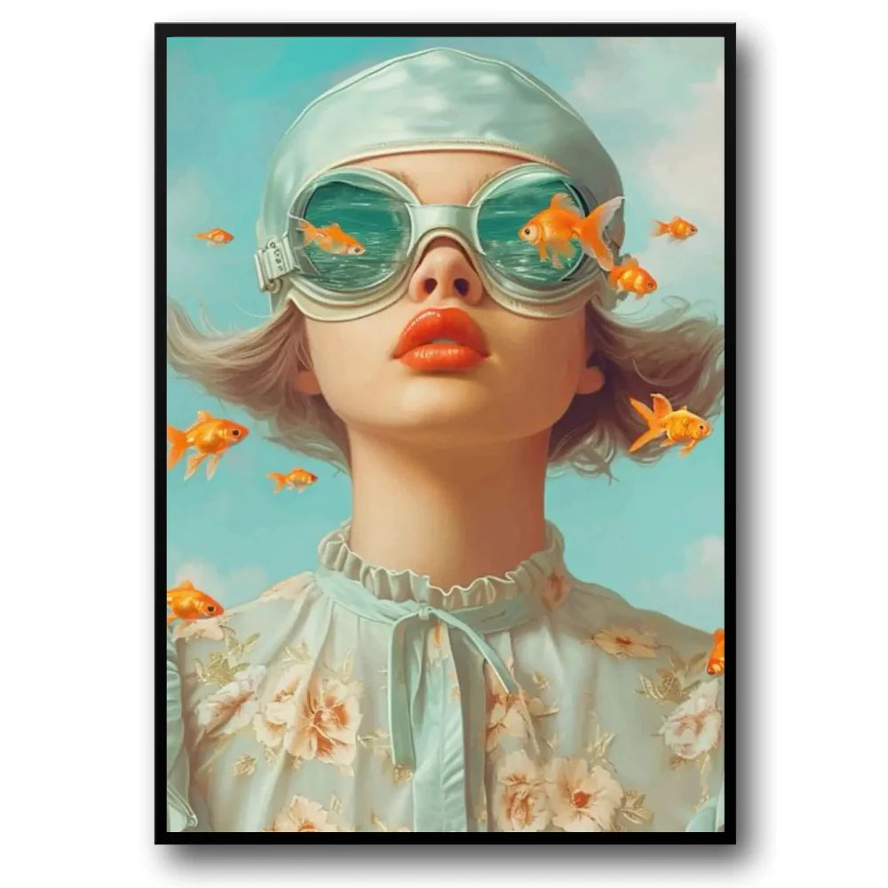 Aquatic Daydream | Poster | Vrouw met Goudvissen | Serene Aquamarine Ambiance | Muurdecoratie | Woonkunst