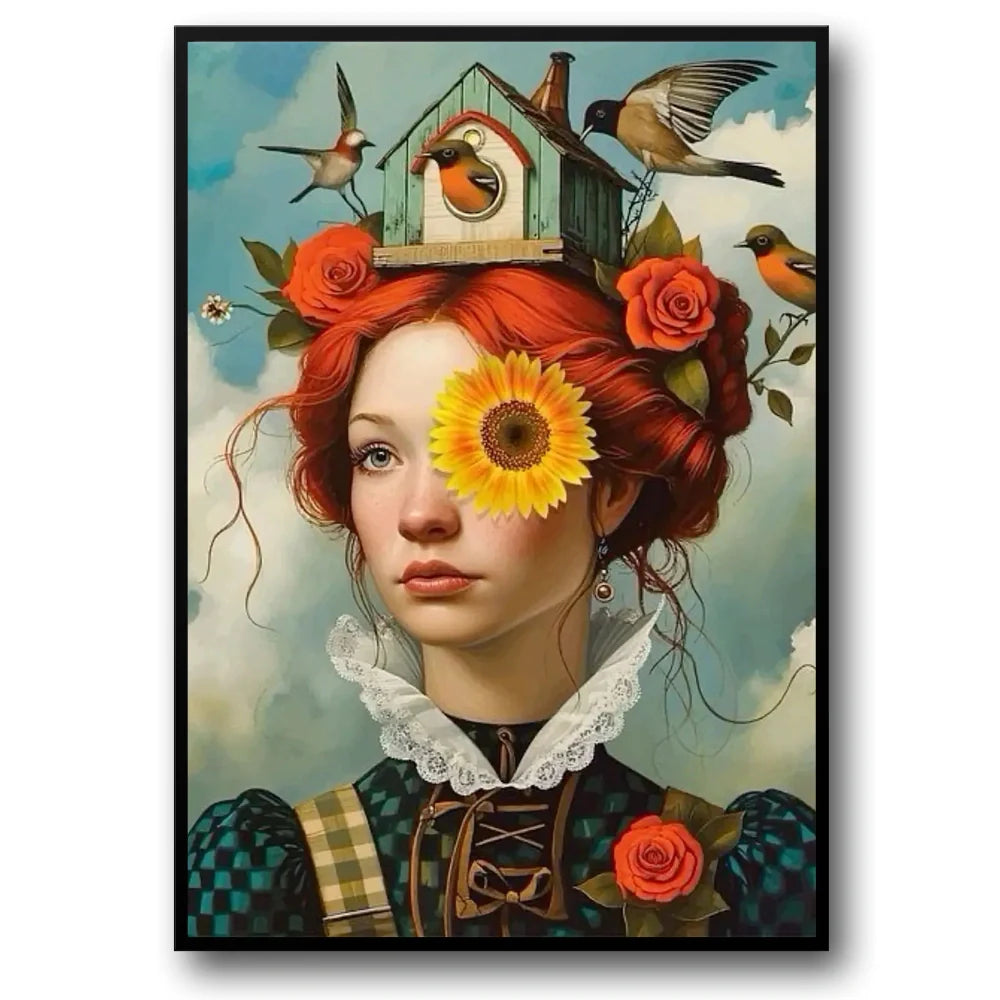 Floral Girl Poster | Schilderij met Bloemen en Vogelhuisje | Muurdecoratie voor Huis | Whimsical Wanddecoratie