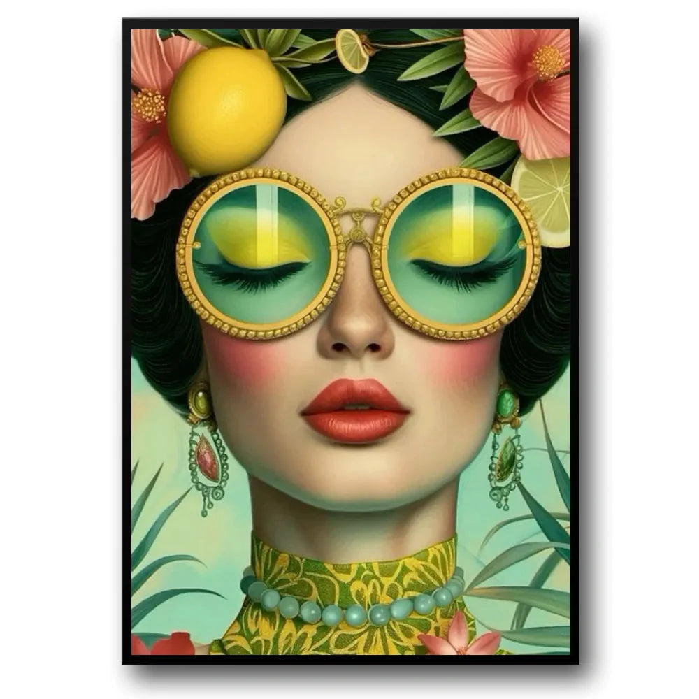 Floral Girl Poster | Muurdecoratie | Vintage Flower Optics Vrouw | Wanddecoratie Bloemen Zonnebril Kunst
