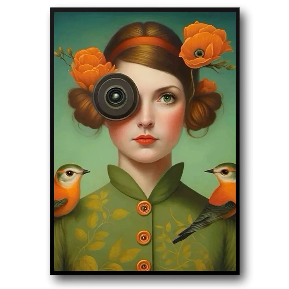 Floral Girl Poster | Optic Garden | Kunstzinnige Vrouw met Vogel en Botanische Details | Natuur Muurdecoratie