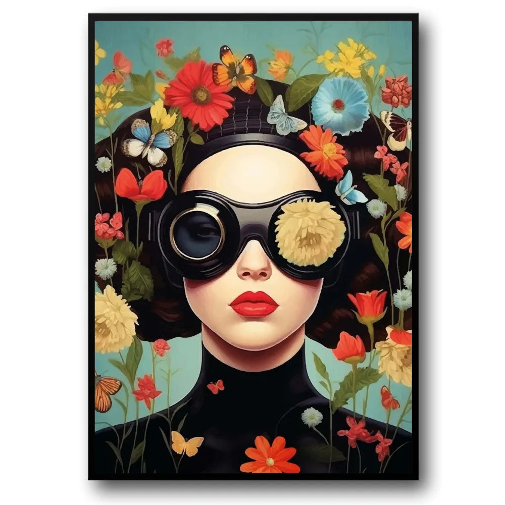 Floral Girl Poster | Surreal Garden Goggles Panorama | Muurdecoratie | Wanddecoratie | Posters | Lush Nature Vision