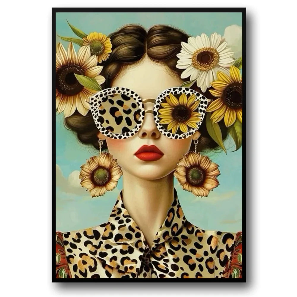 Floral Girl Posters | Muurdecoratie | Zonnebloem Sierde Meisje met Luipaardprint | Wilde Patronen | Rustieke Bloemige Charme | Wanddecoratie