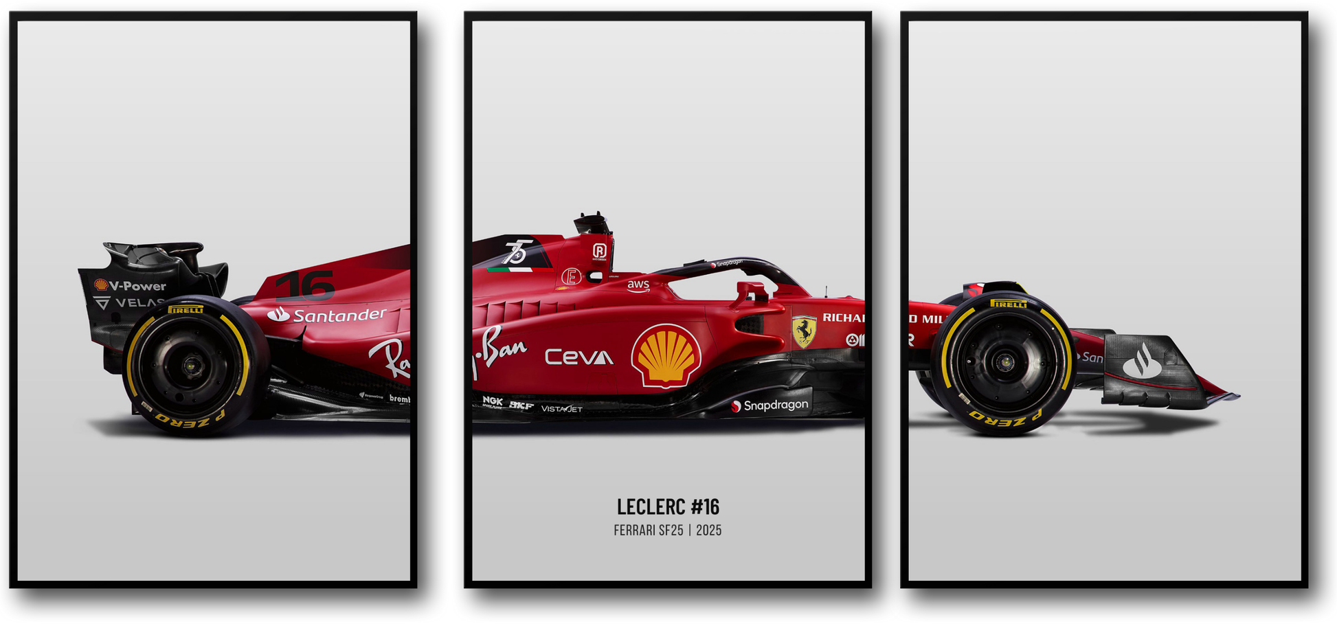 3-delig | Ferrari | F1 | Charles Leclerc seizoen 2025 | Poster met Formule 1-racewagen op drie panelen | Levendige displays met volledige autoprofielen | Kunstwerk in collector's edition